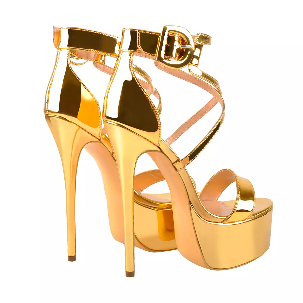 Gold Patent Leather Platform Stiletto Crisscross Ankle Strap Sandals