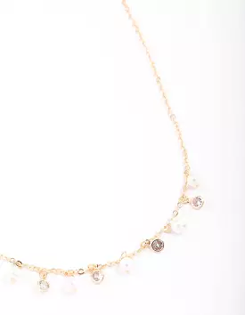 Gold Pearl & Diamante Droplet Chain Necklace