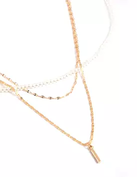 Gold Pearly Mix Chain 3 Row Necklace