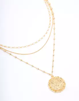 Gold Plated Large Coin Triple Layered Necklace