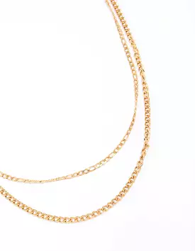 Gold Plated Stainless Steel Layered Curb & Figaro Necklace