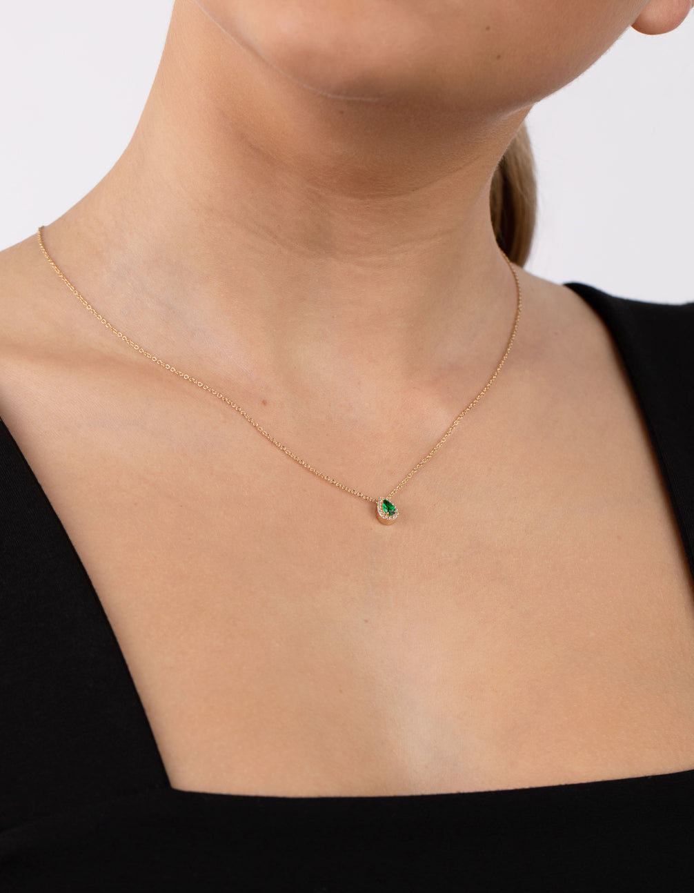 Gold Plated Sterling Silver Green Pear Halo Necklace