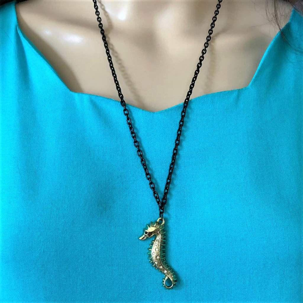 Gold Seahorse on Black Chain with Crystals