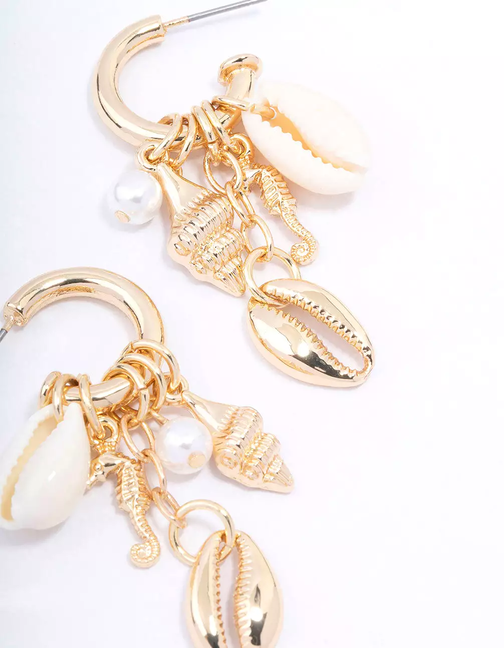 Gold Shell Pearl Charm Hoop Earrings