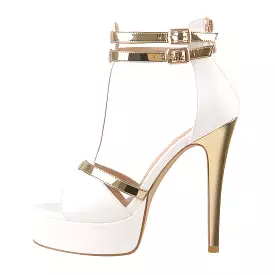 Gold T-Strap White Platform High Heel Pumps