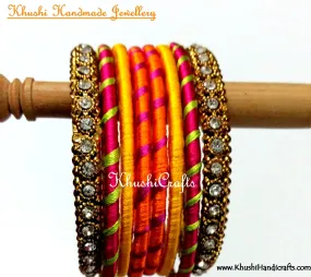 Hand-crafted Stylish Silk Bangles in Orange Yellow and Pink