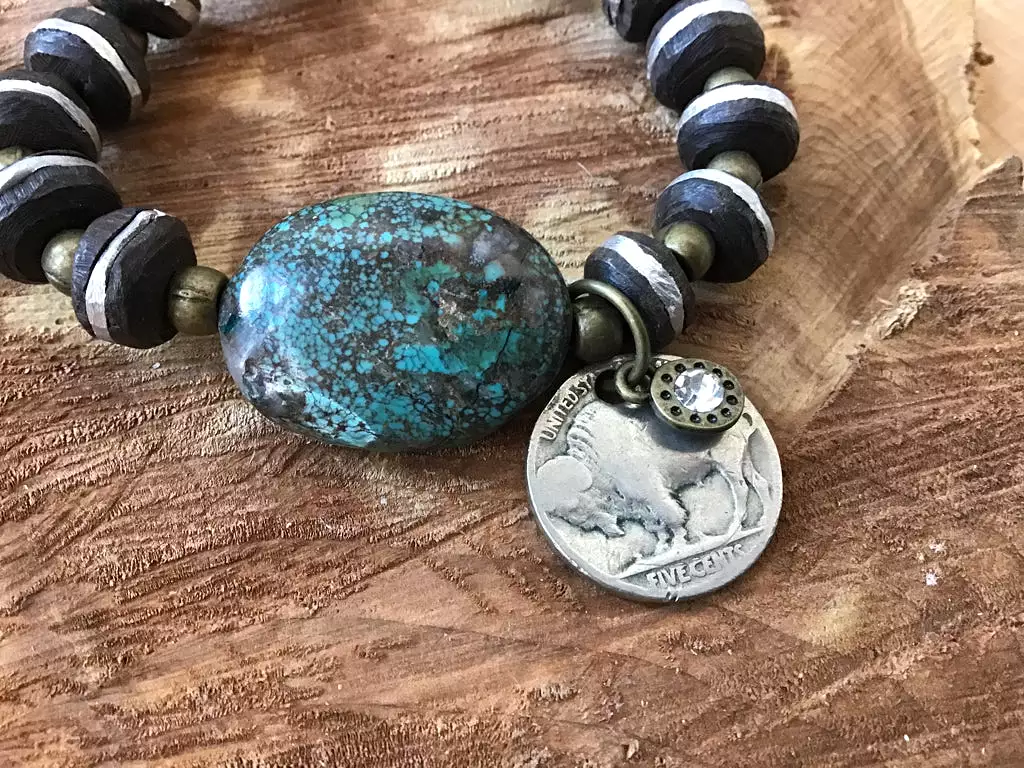 Handmade Buffalo Nickle & Turquoise Stretch Bracelet