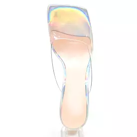 Holographic Transparent Chunky Heel Square Toe Sandals Mules