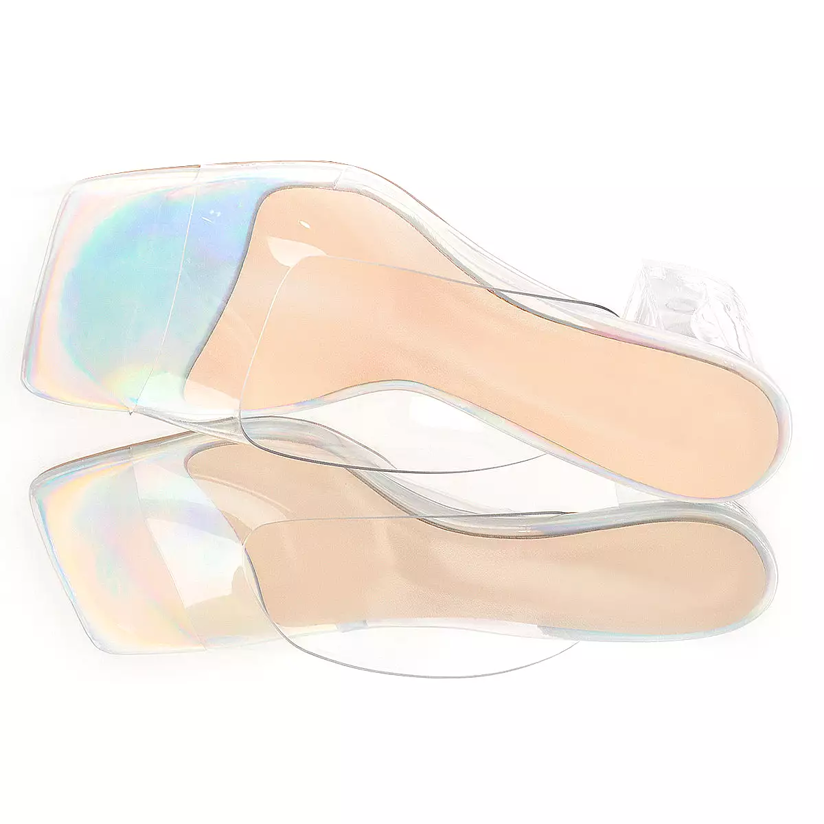 Holographic Transparent Chunky Heel Square Toe Sandals Mules