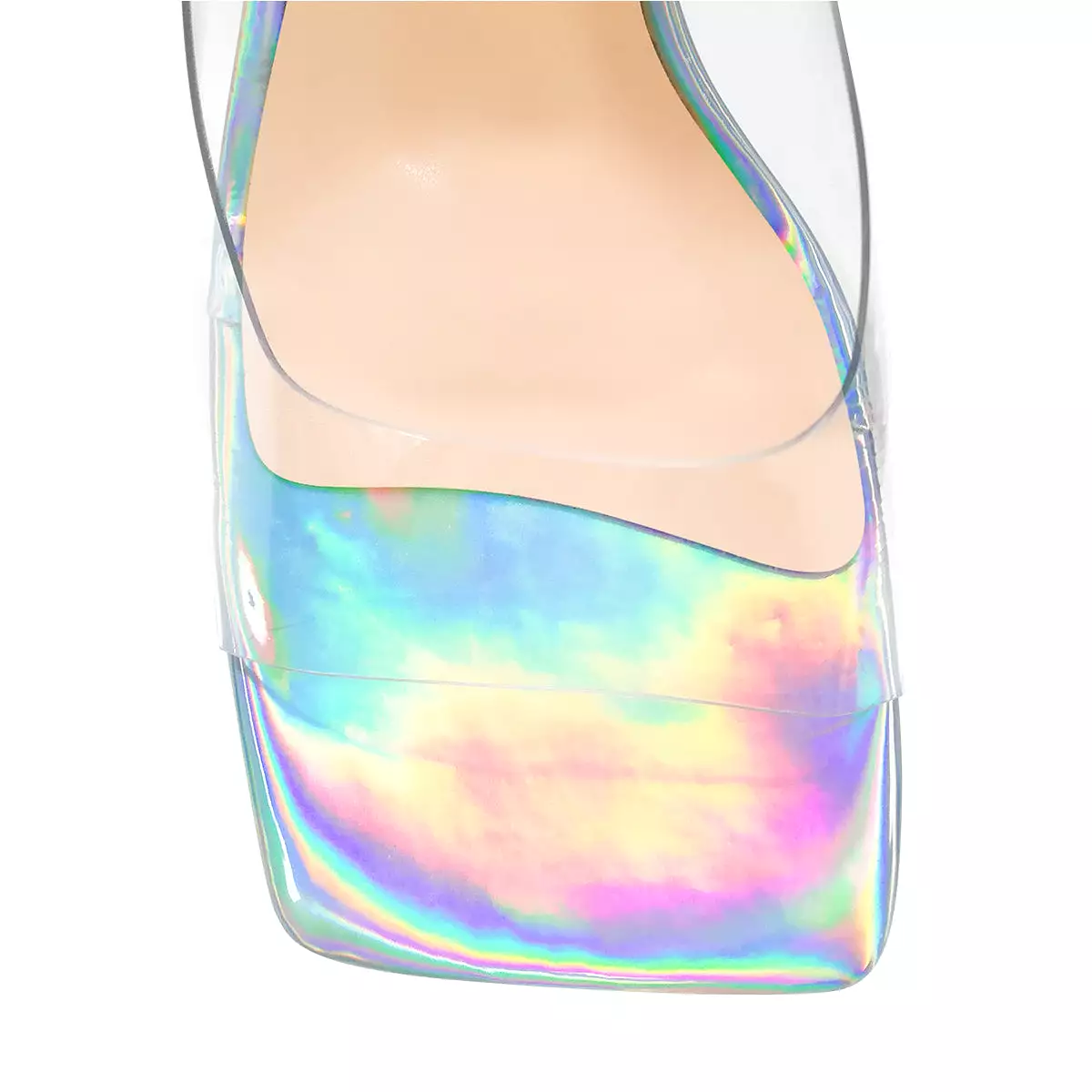 Holographic Transparent Chunky Heel Square Toe Sandals Mules