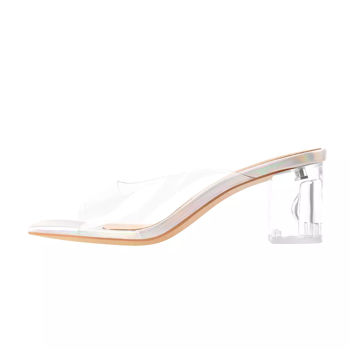 Holographic Transparent Chunky Heel Square Toe Sandals Mules