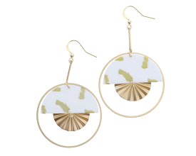 Jane Marie | Gold Bar Drop, Half White Circle And Gold Dots With Gold Fan Charm Earring