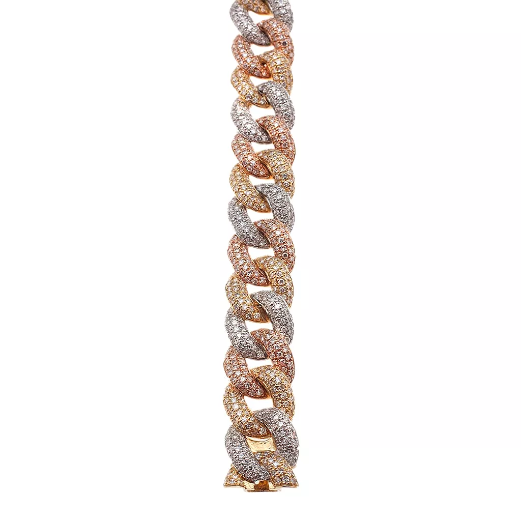 Large 14K Gold Tri-Color and Micro-Pave Diamond Cuban Link Chain Bracelet Signature Piece