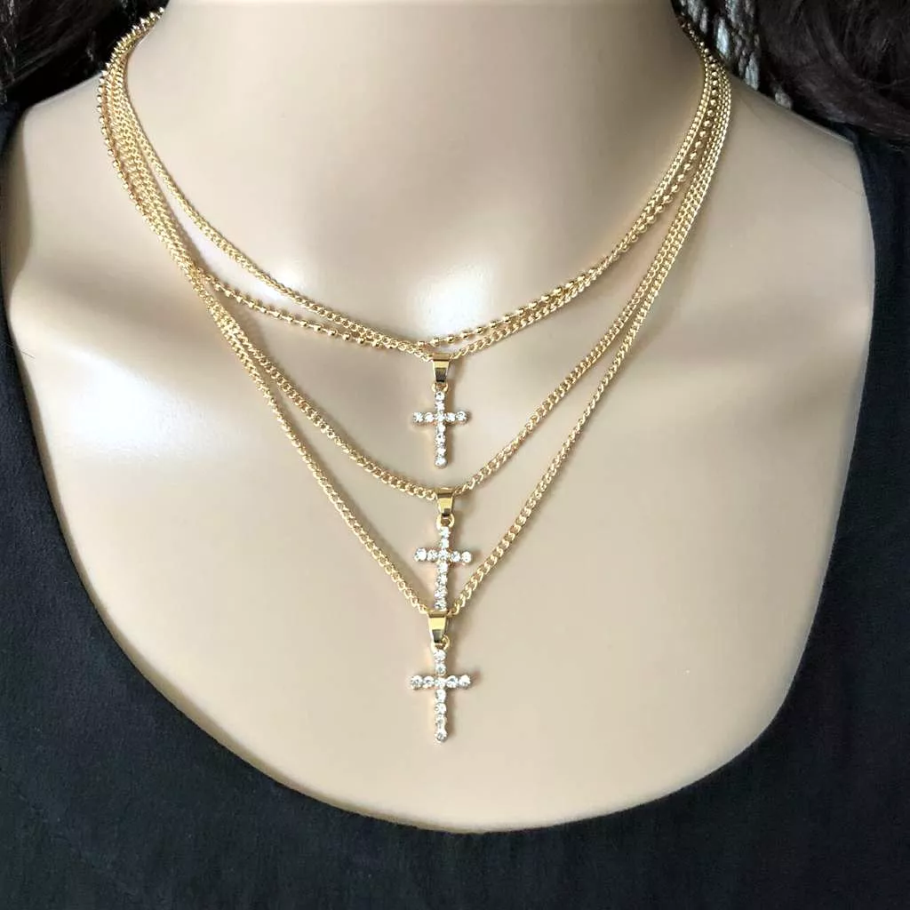 Layered Gold or Silver Crystal Cross Necklace