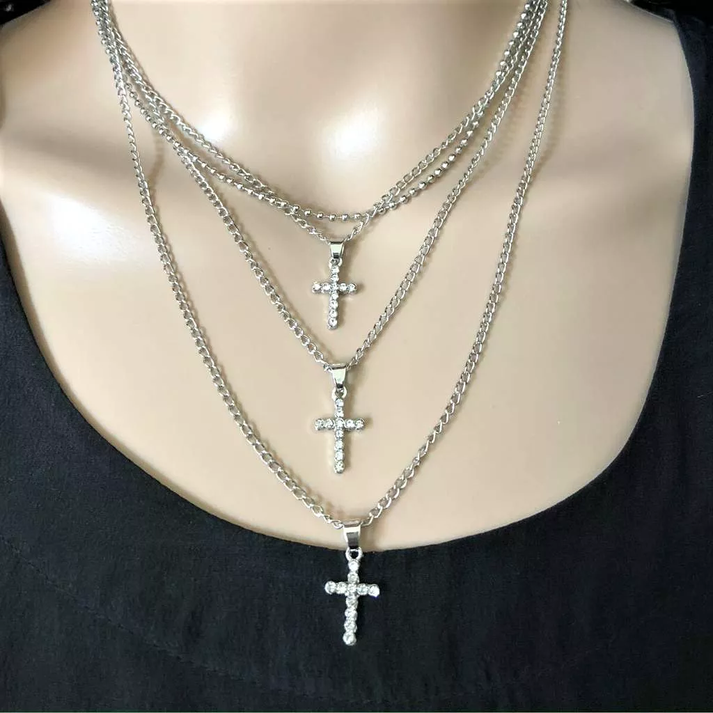 Layered Gold or Silver Crystal Cross Necklace