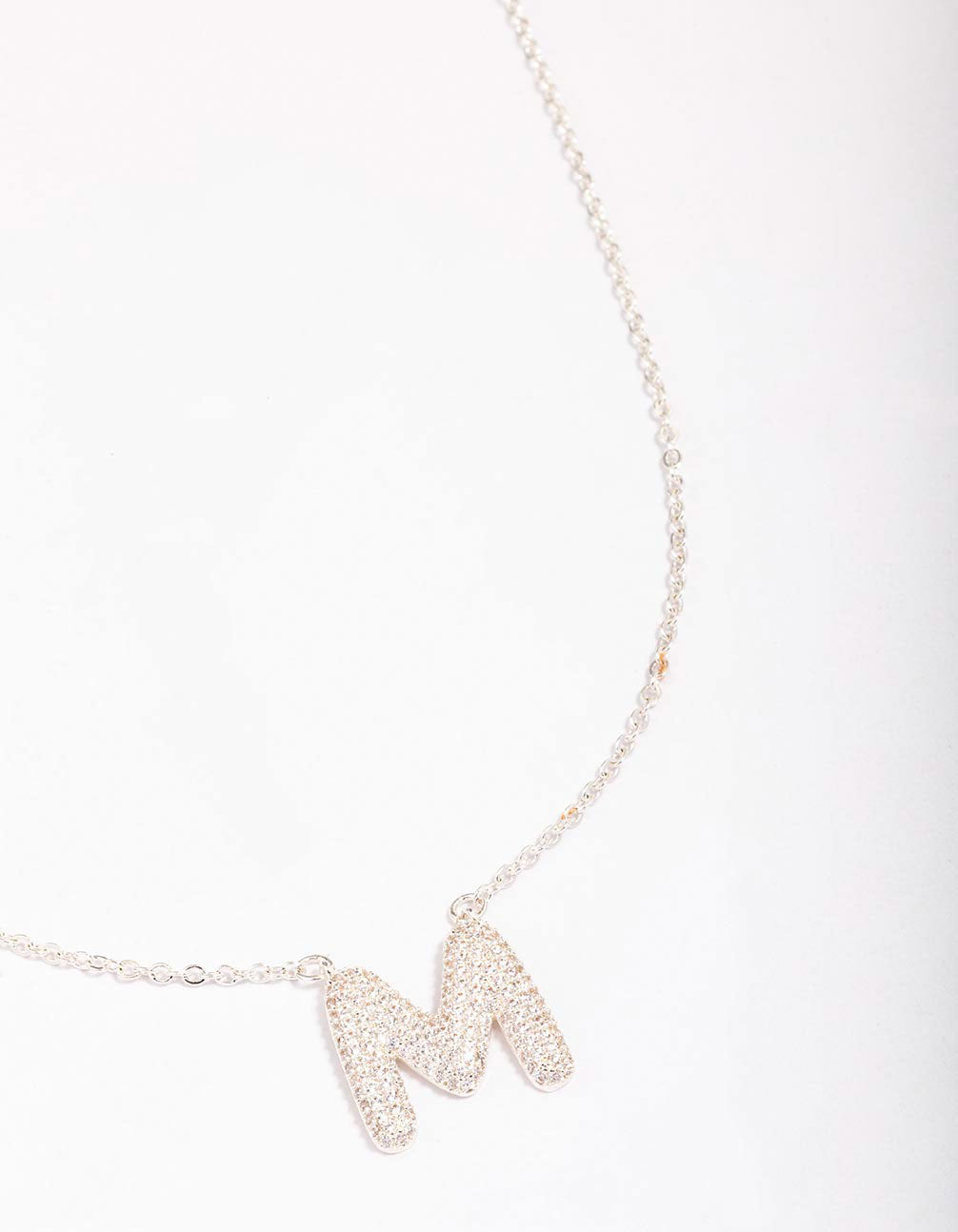 Letter M Silver Plated Pave Pendant Initial Necklace