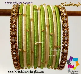 Lime green Cream Silk Thread Beaded Bangles