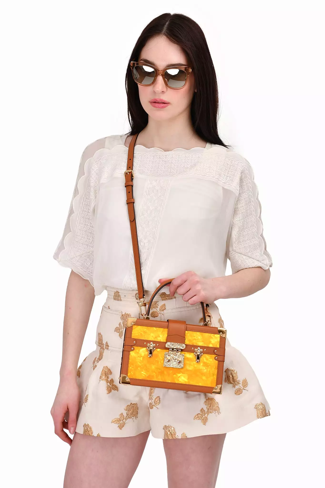 Louis Vuitton Yellow Mother of Pearl/Brown Leather Petite Malle Top Handle Bag with Strap