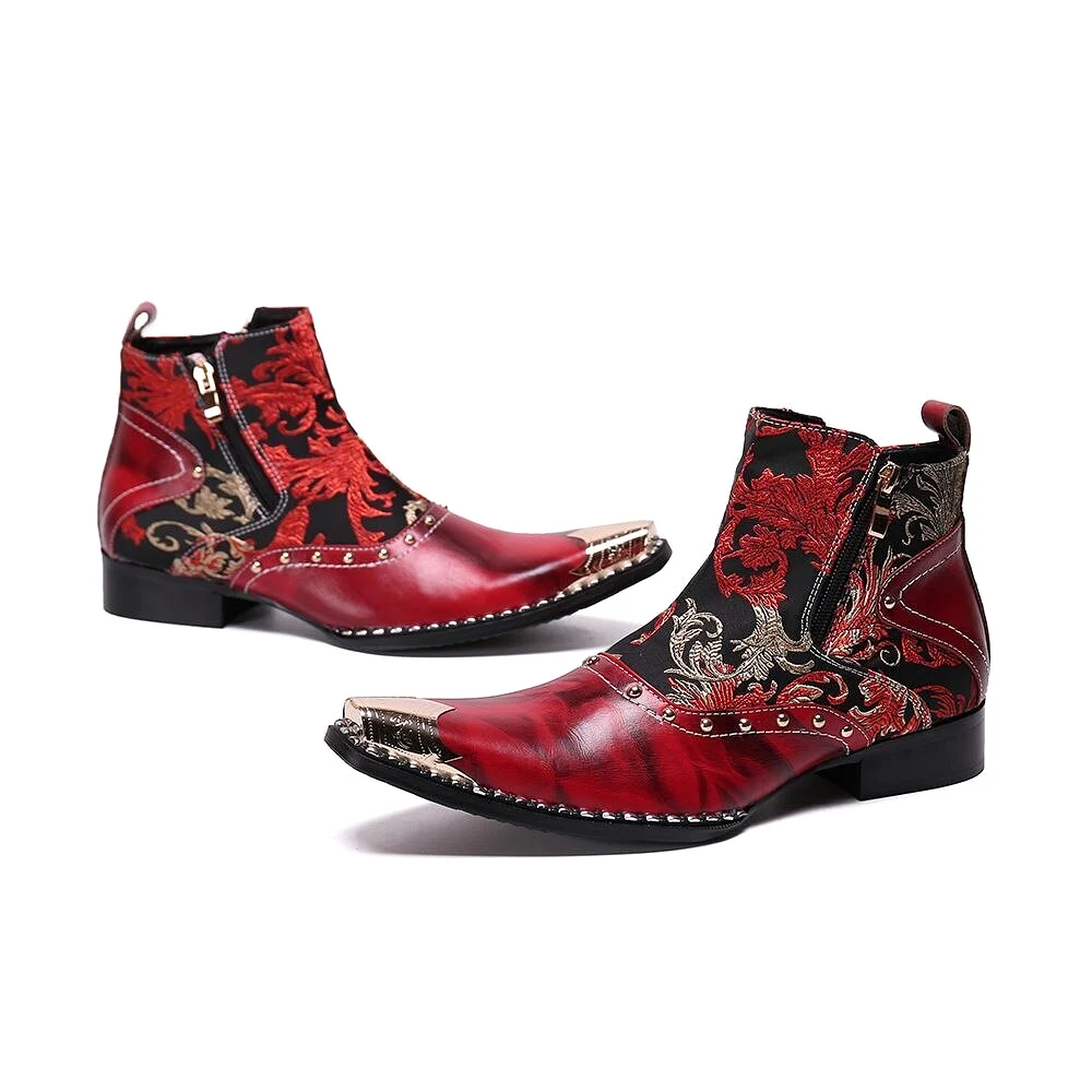 Luxury British Style Men Mid Calf Red Boots Steel Toe Genuine Leather Motorcycle Cowboy Boots Male Snake Skin Boots Dress Shoes