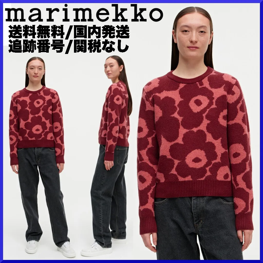 marimekko  |Crew Neck Flower Patterns Casual Style Wool Nylon Rib