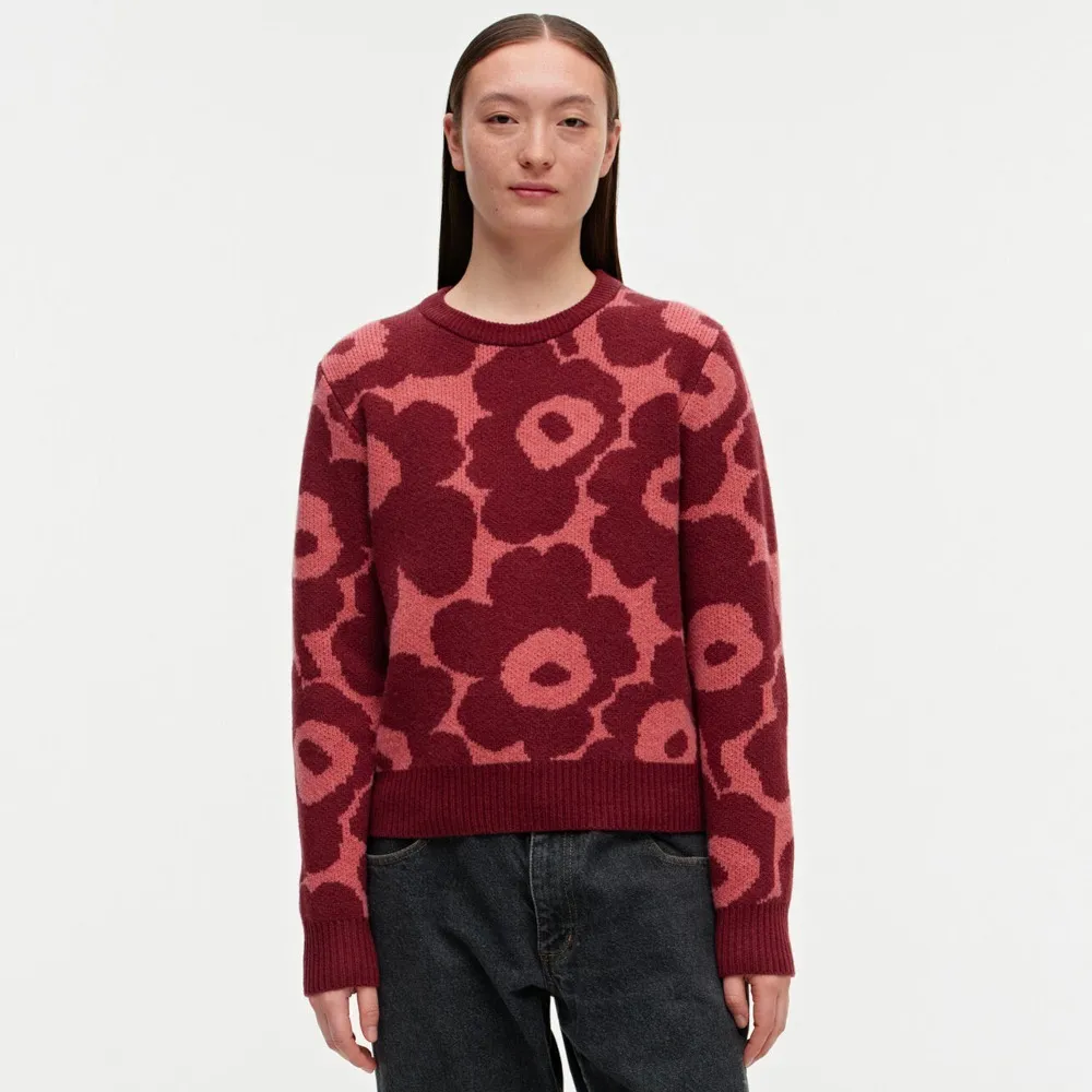 marimekko  |Crew Neck Flower Patterns Casual Style Wool Nylon Rib