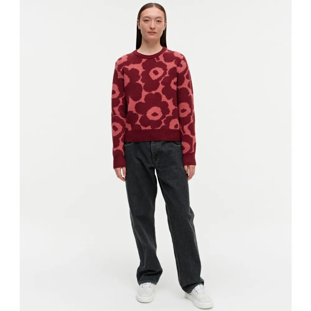 marimekko  |Crew Neck Flower Patterns Casual Style Wool Nylon Rib