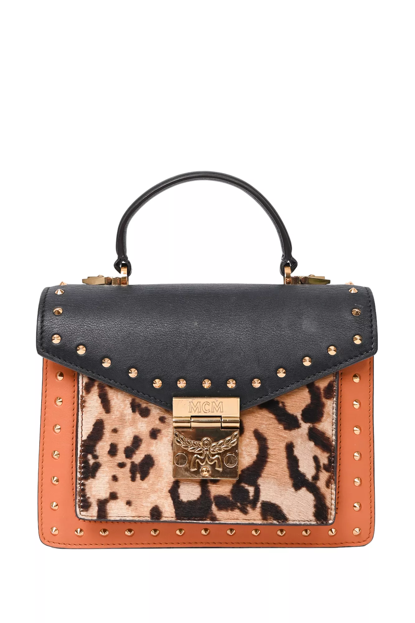 MCM Brown/Black Leather Leopard Print Top Handle Bag