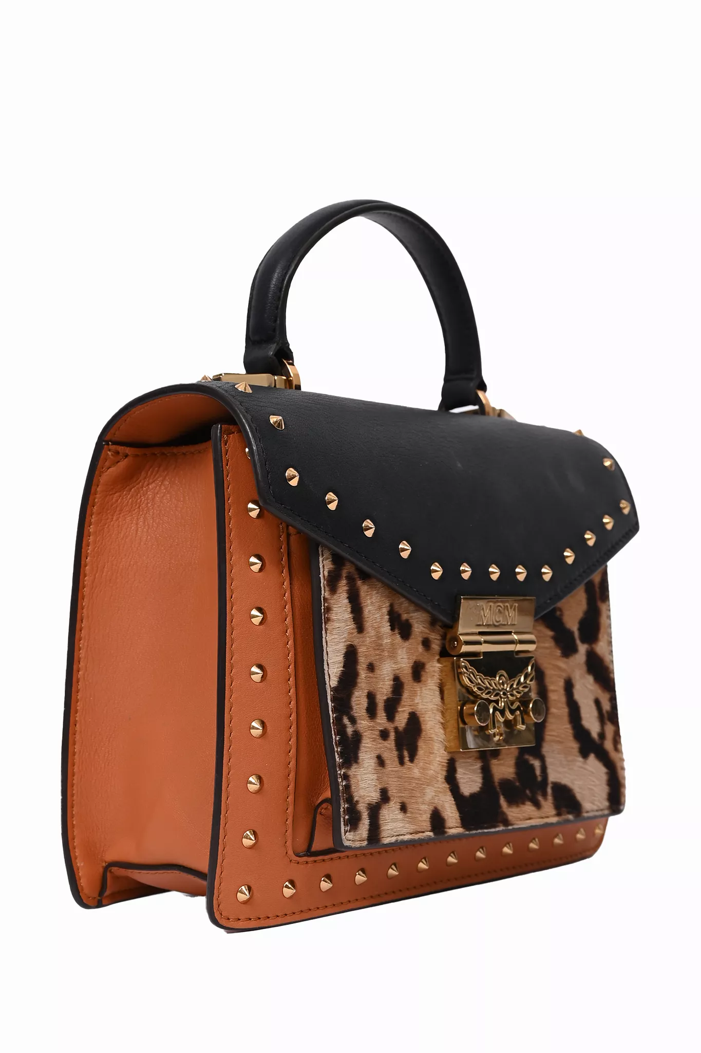 MCM Brown/Black Leather Leopard Print Top Handle Bag