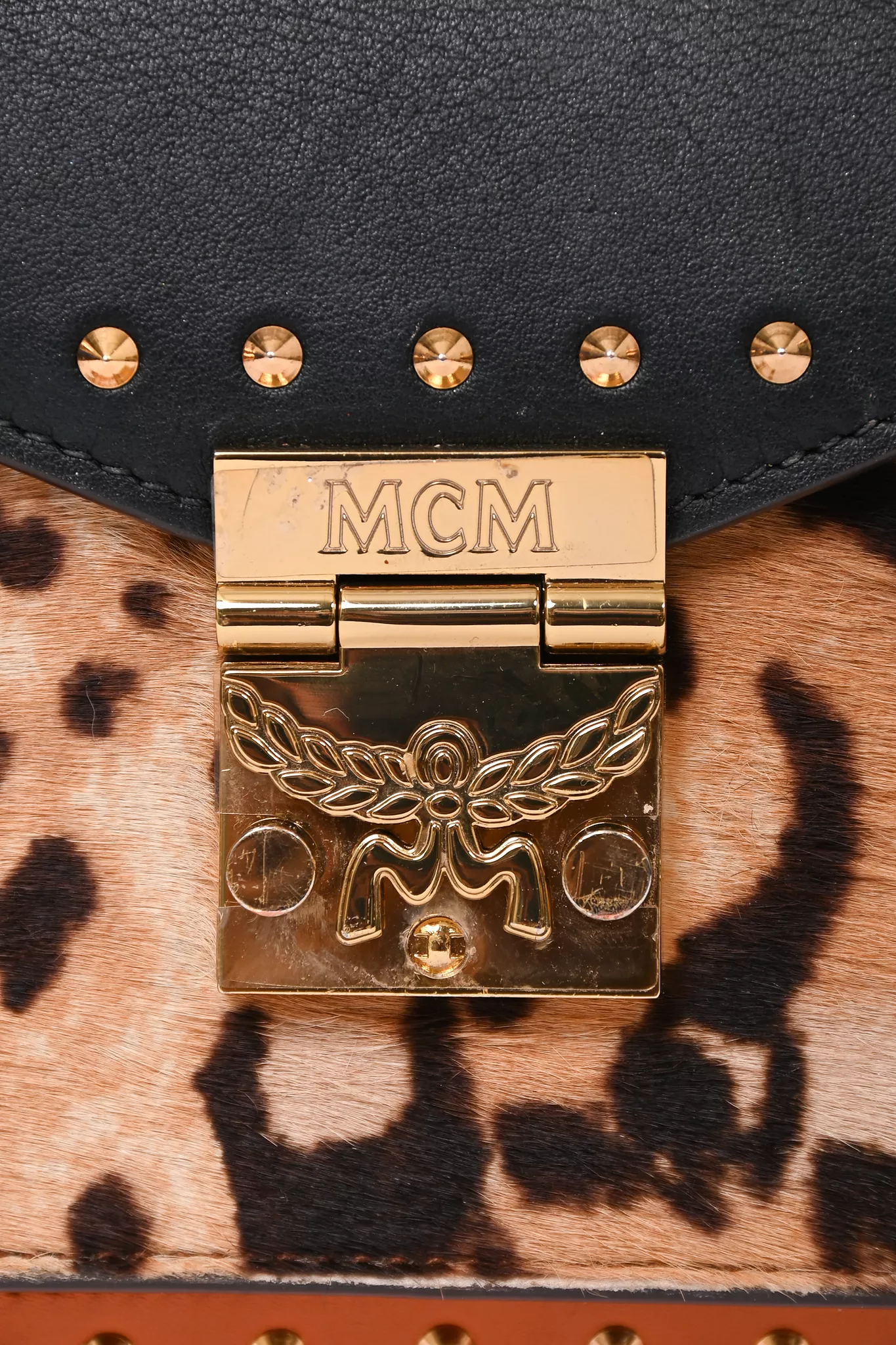 MCM Brown/Black Leather Leopard Print Top Handle Bag