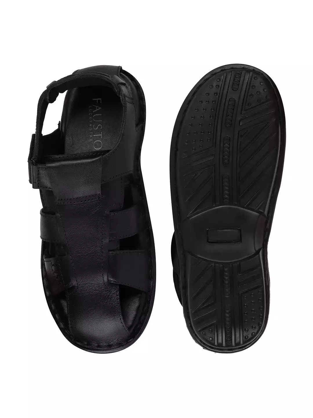 Men Black Formal Leather Hook & Loop Flat Sandals