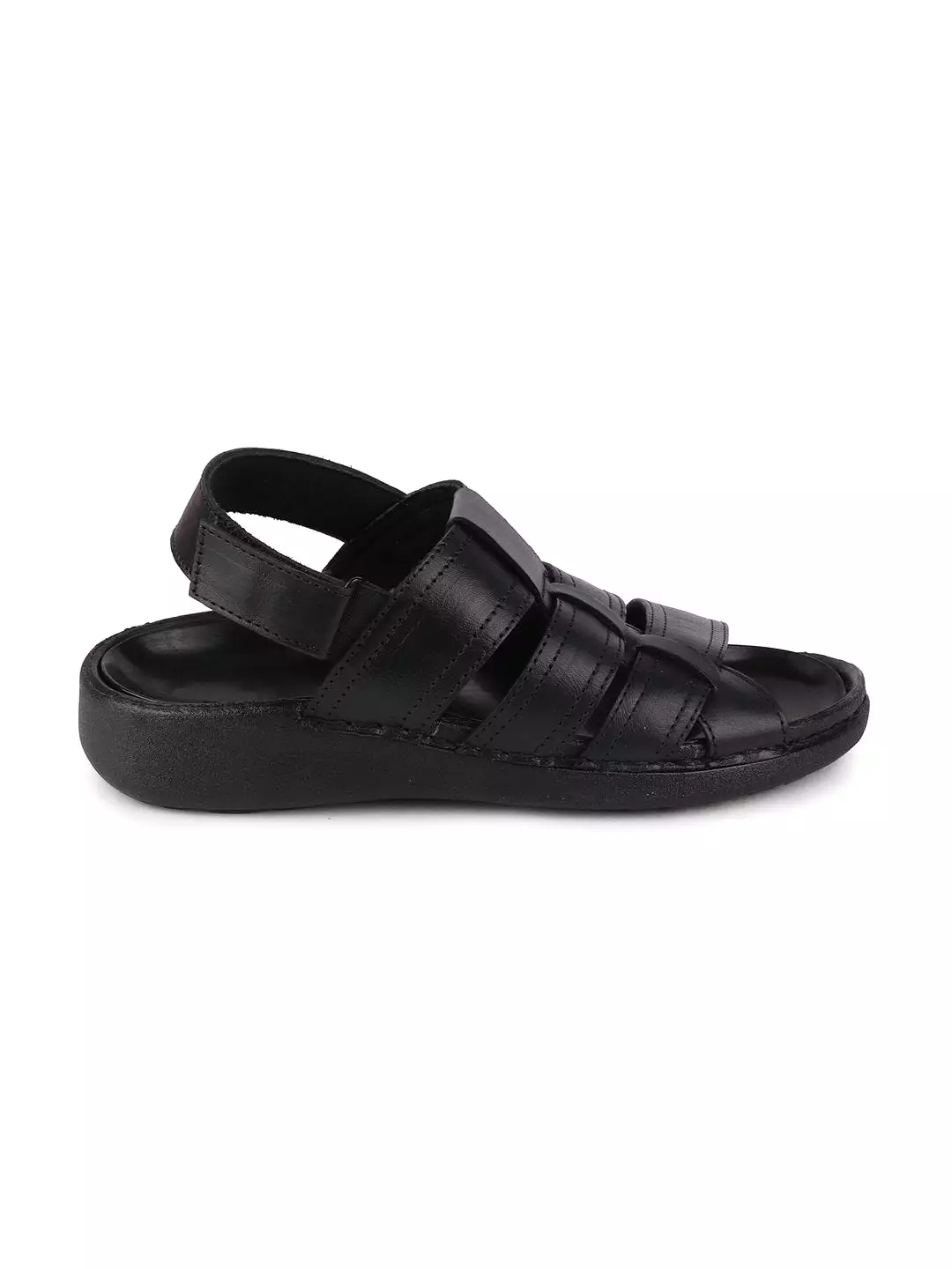 Men Black Formal Leather Hook & Loop Flat Sandals