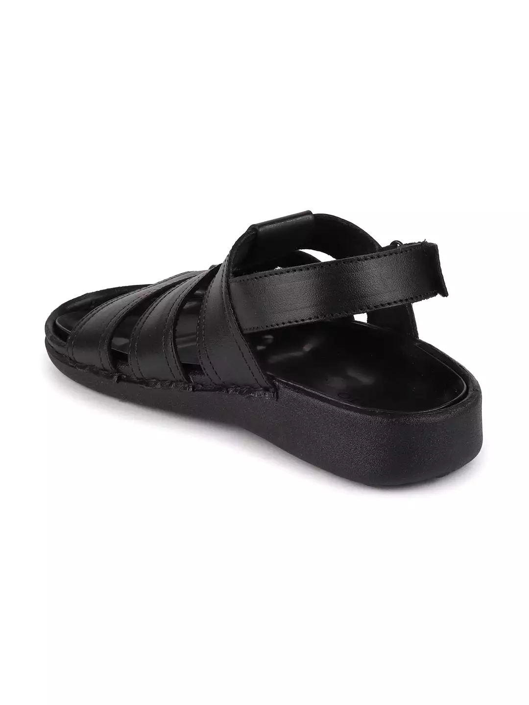 Men Black Formal Leather Hook & Loop Flat Sandals