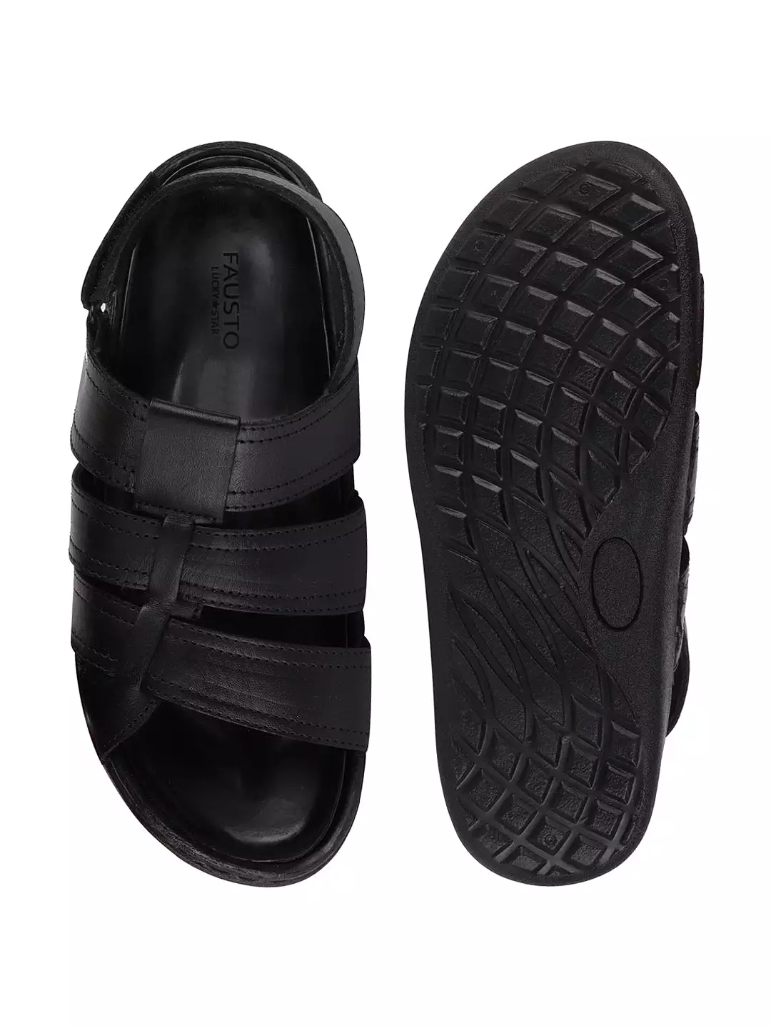 Men Black Formal Leather Hook & Loop Flat Sandals