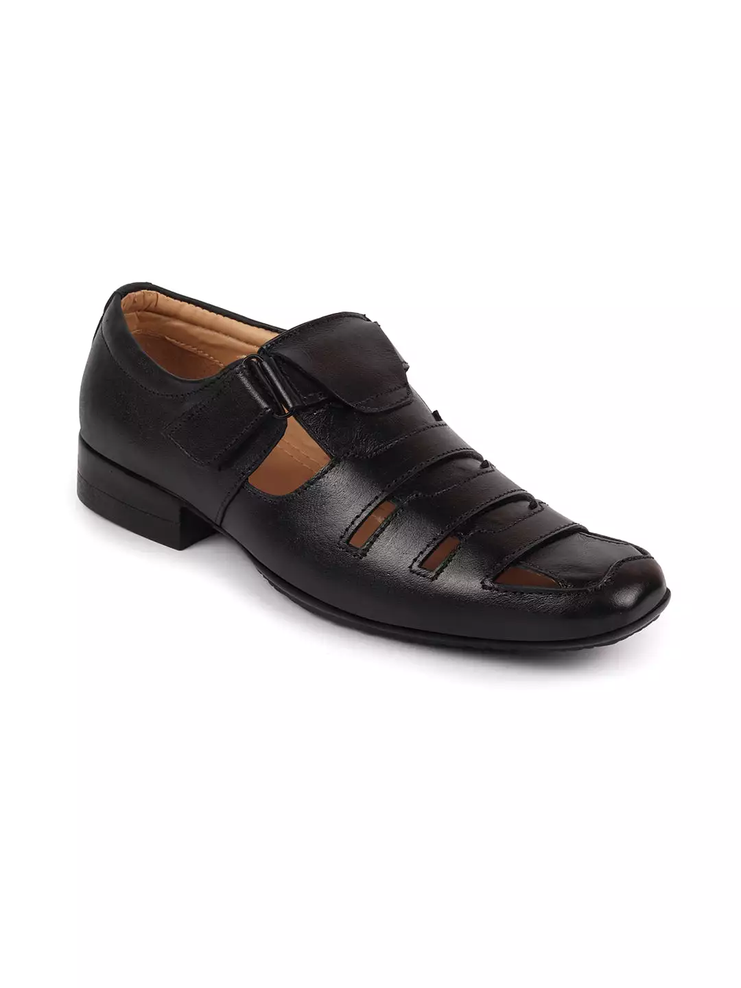 Men Black Formal Leather Hook & Loop Flat Sandals