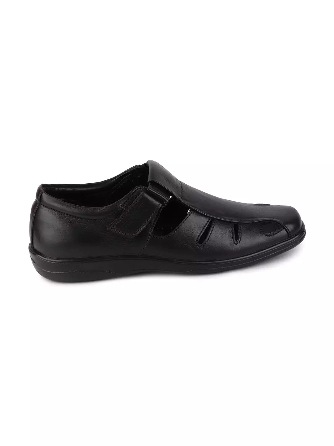 Men Black Formal Leather Hook & Loop Flat Sandals