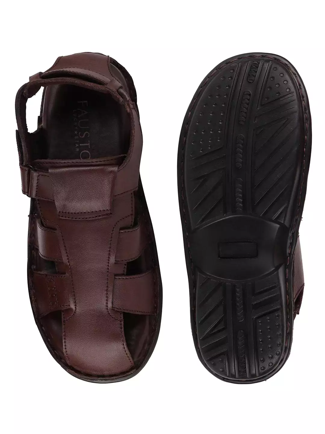 Men Brown Formal Leather Hook & Loop Flat Sandals