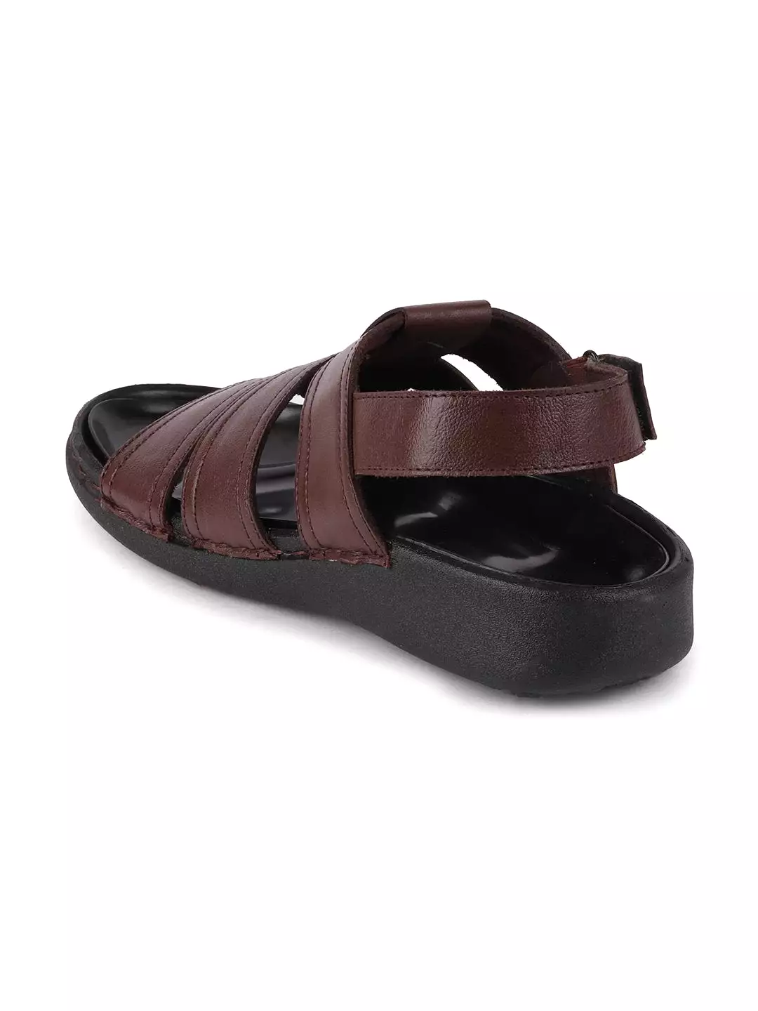 Men Brown Formal Leather Hook & Loop Flat Sandals