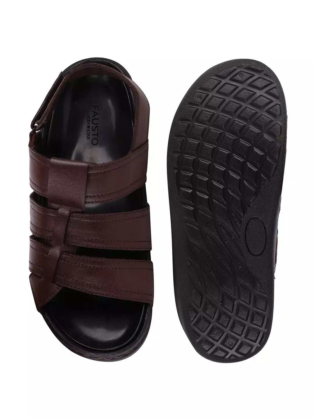 Men Brown Formal Leather Hook & Loop Flat Sandals