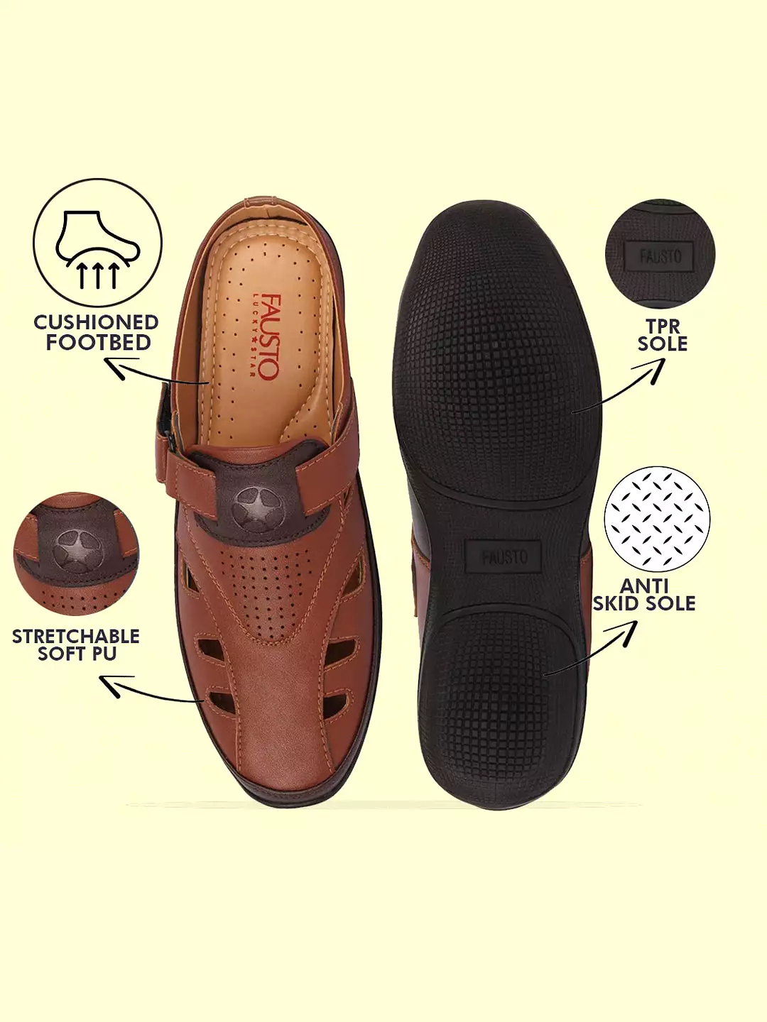 Men Tan Back Open Laser Cut Design Slip On Sandal with Ankle Strap