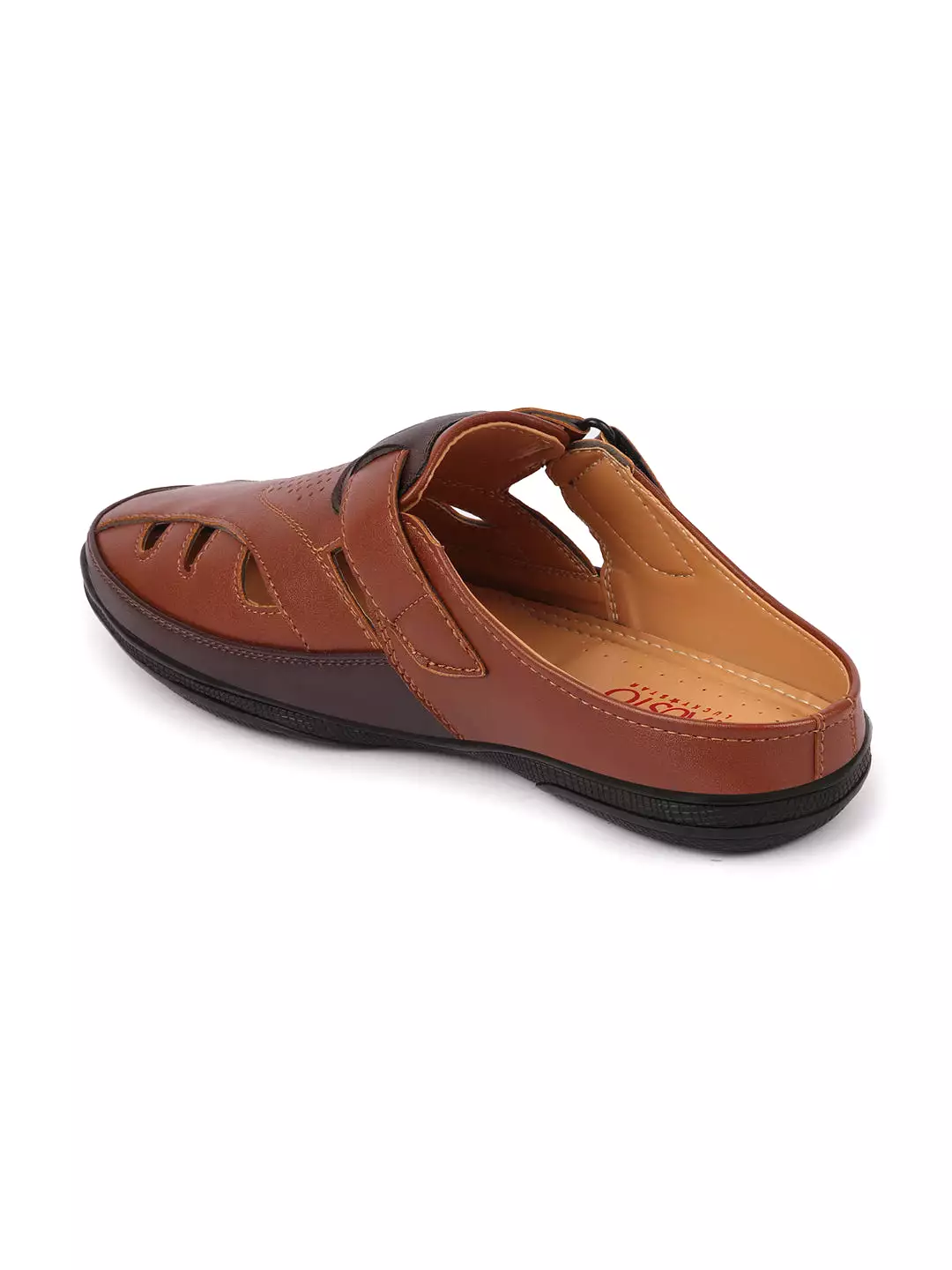 Men Tan Back Open Laser Cut Design Slip On Sandal with Ankle Strap