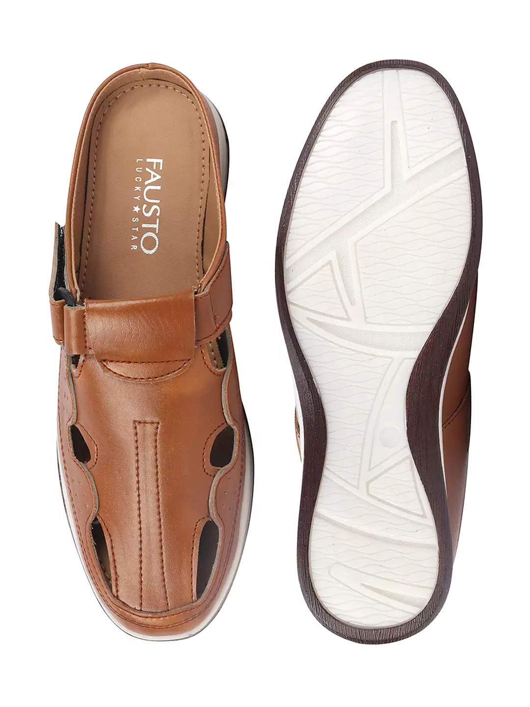 Men Tan Casual Back Open Perforated Day Long Comfort Slip On Sandals