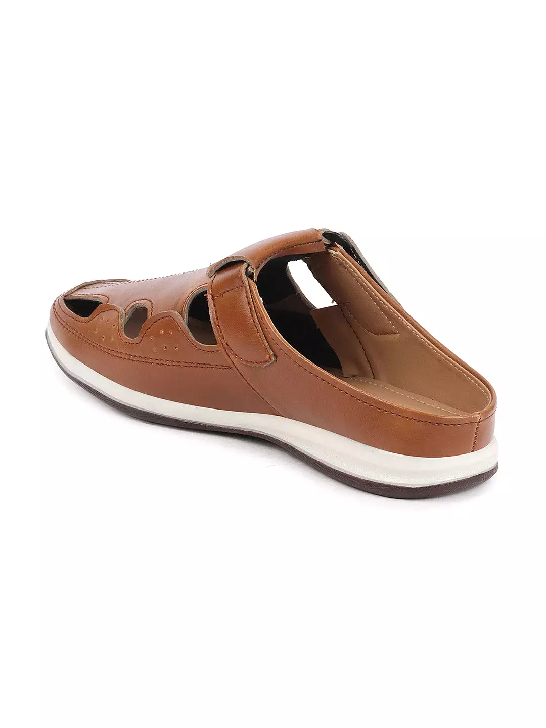 Men Tan Casual Back Open Perforated Day Long Comfort Slip On Sandals