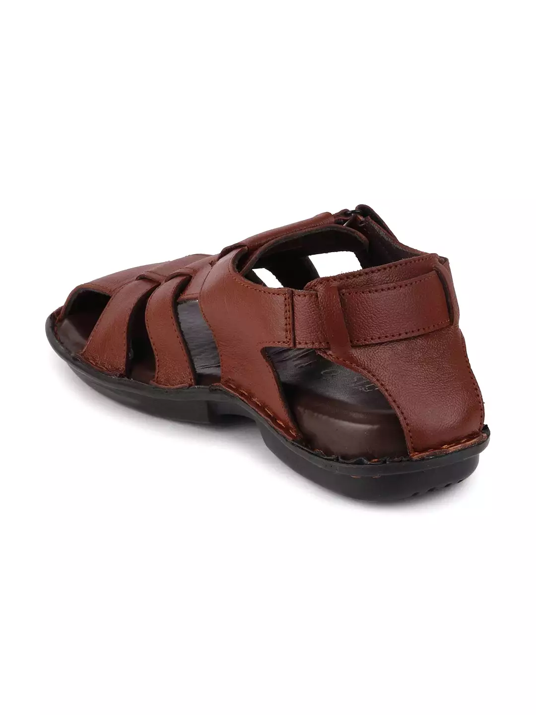 Men Tan Formal Leather Hook & Loop Flat Sandals