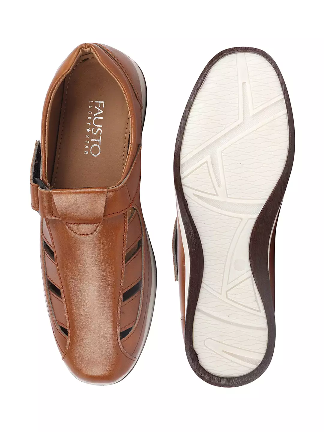 Men Tan Laser Cut Design Day Long Comfort Hook and Loop Casual Sandals