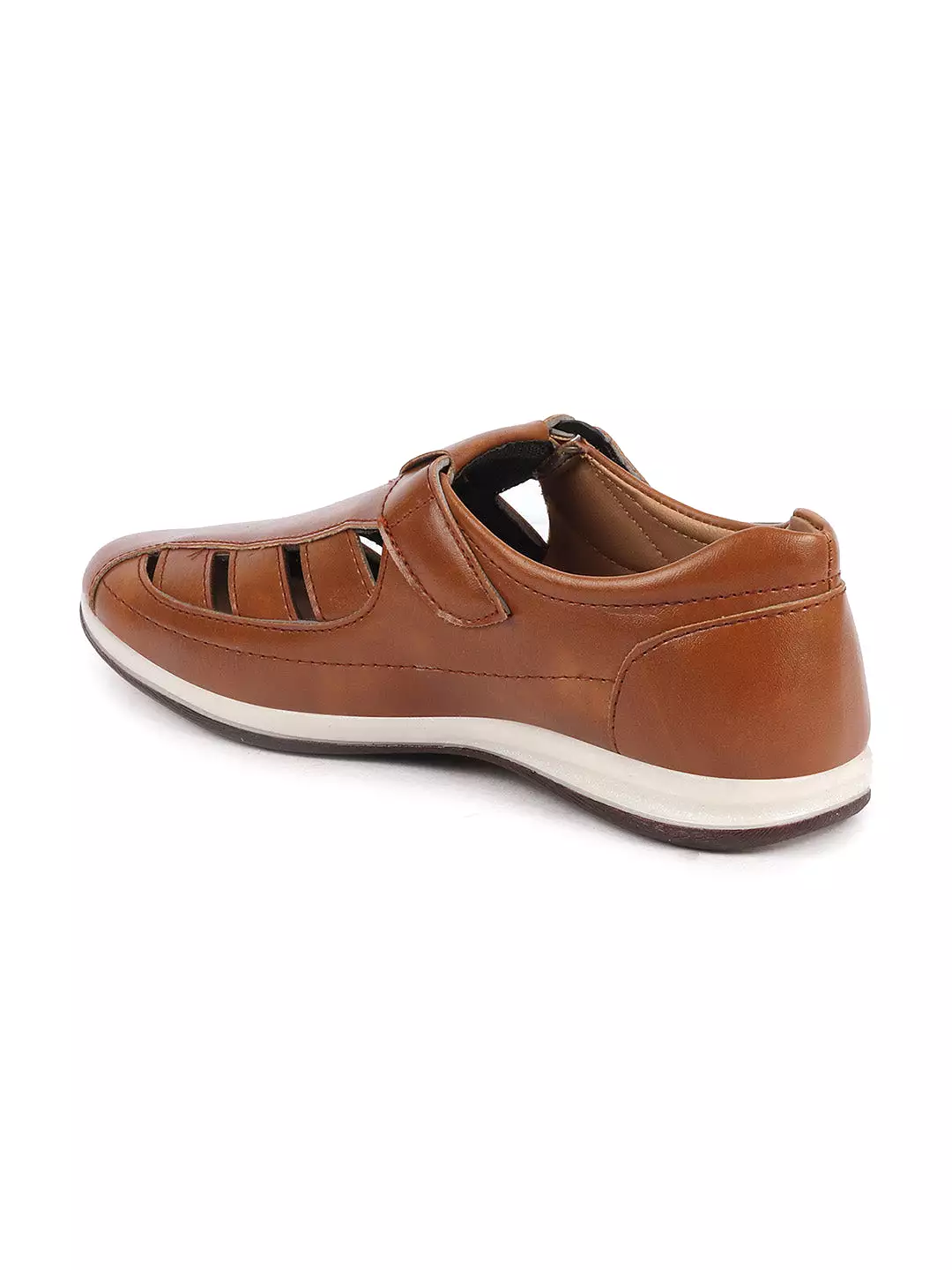 Men Tan Laser Cut Design Day Long Comfort Hook and Loop Casual Sandals