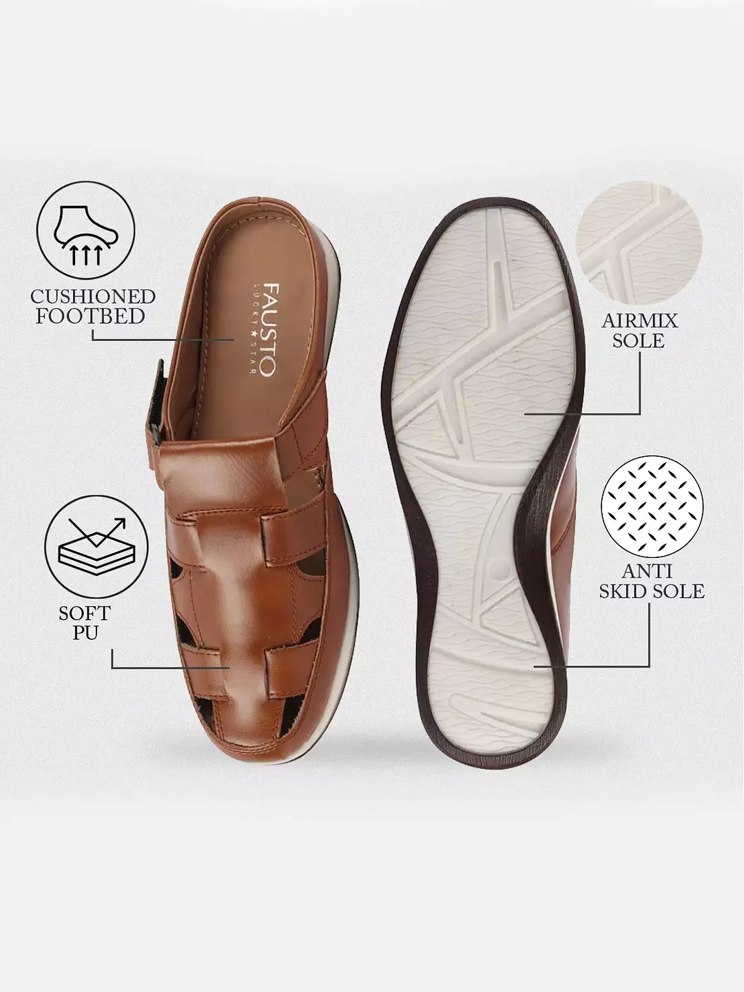 Men Tan Laser Cut Design Multi Strap Back Open Perforated Hook and Loop Sandals