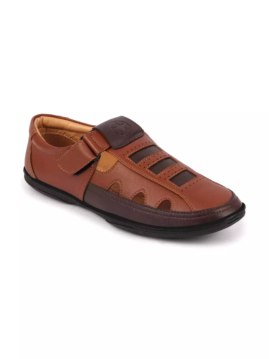 Men Tan Laser Cut Design Roman Sandal with Buckle Strap