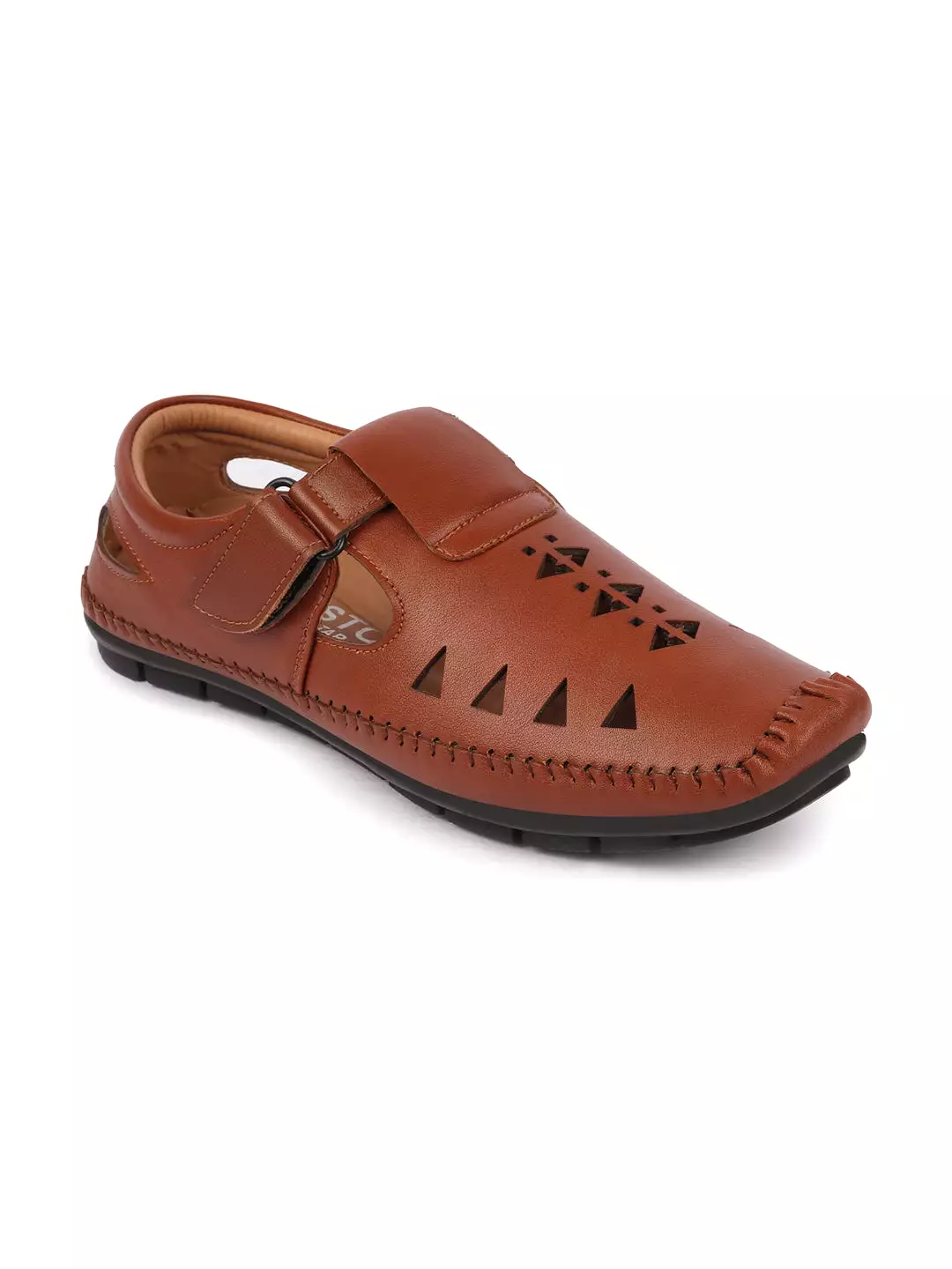 Men Tan Laser Cut Design Side Stitched Hook & Loop Driving Roman Sandals