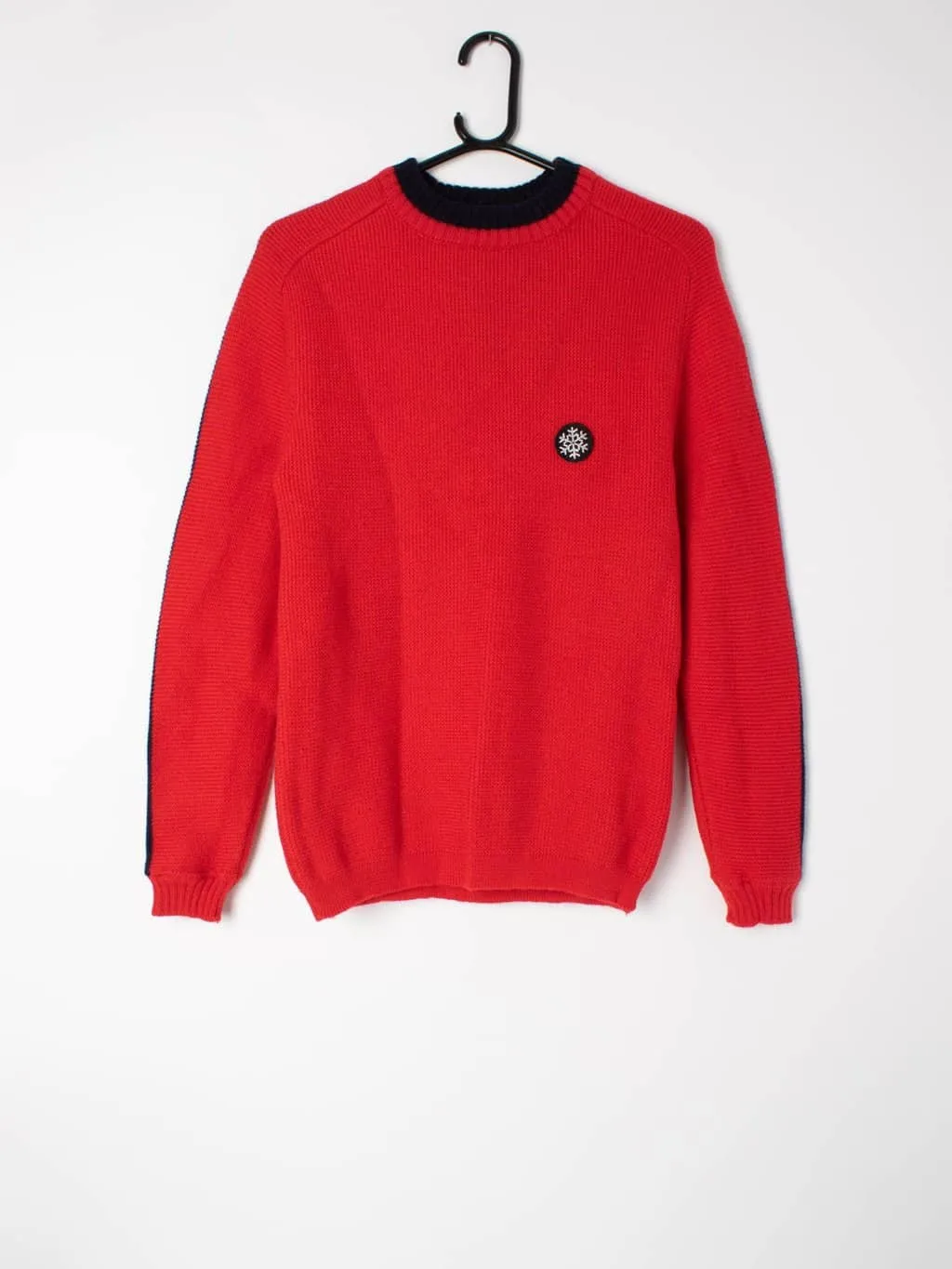 Mens 90s vintage red ski jumper with navy details, pure wool made in France – XS