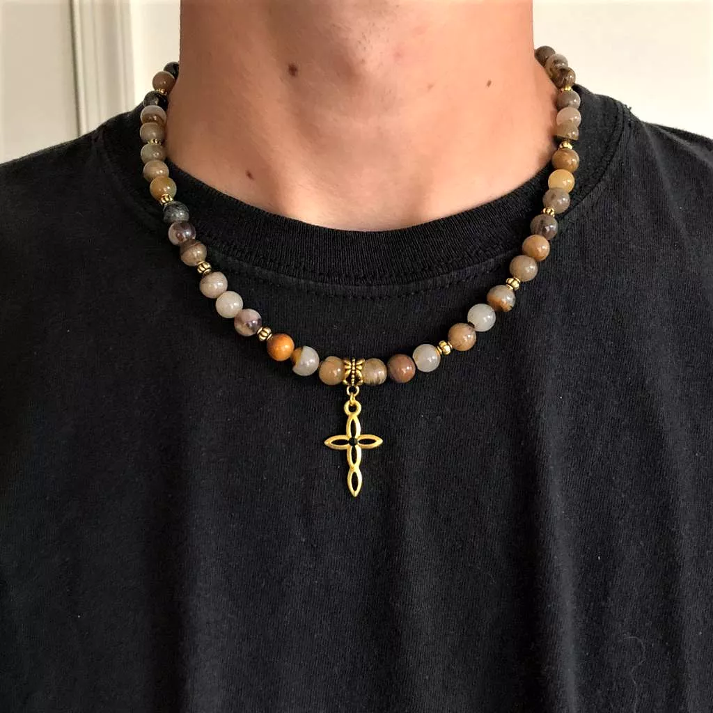 Mens Golden Wooden Jasper Beaded Cross Necklace